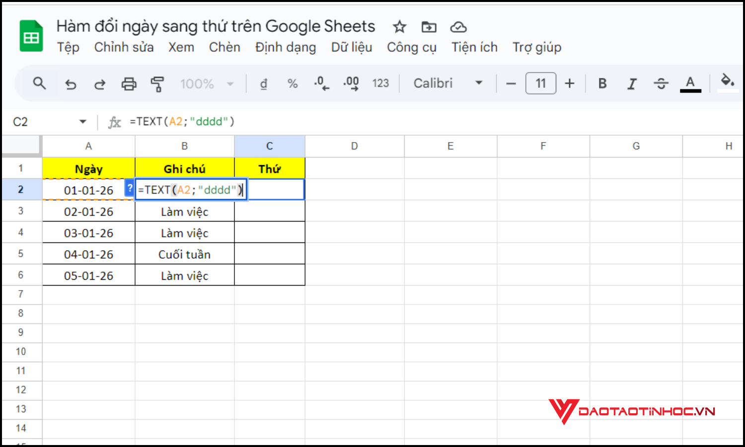Dùng hàm TEXT đổi ngày sang thứ trên Google Sheets bước 1