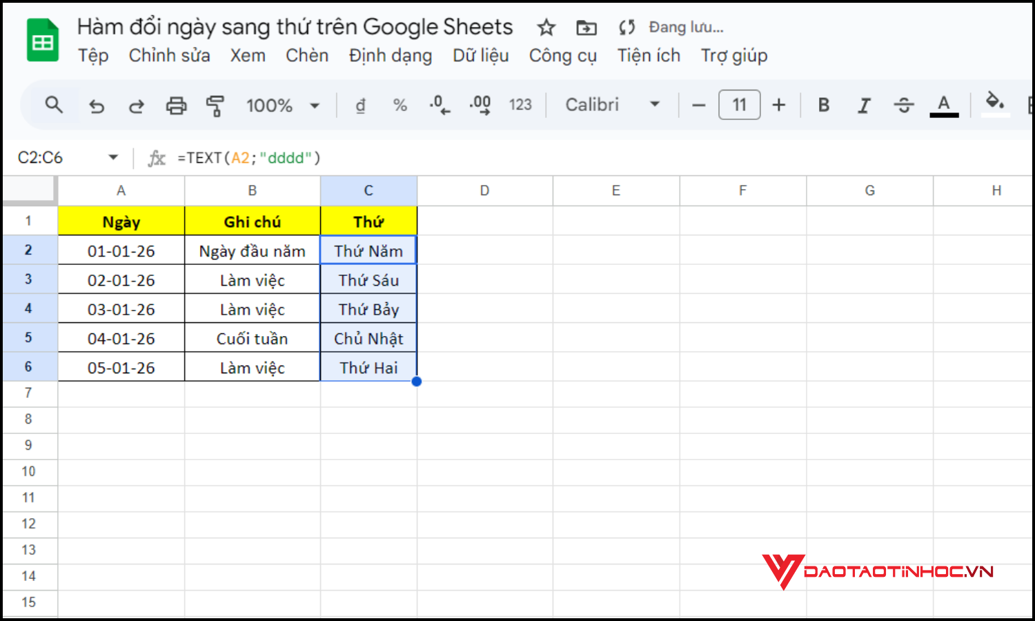 Dùng hàm TEXT đổi ngày sang thứ trên Google Sheets bước 2