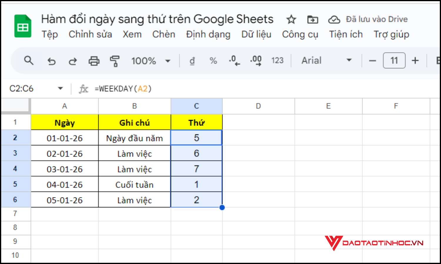 Dùng hàm WEEKDAY để xác định thứ trong Google Sheets