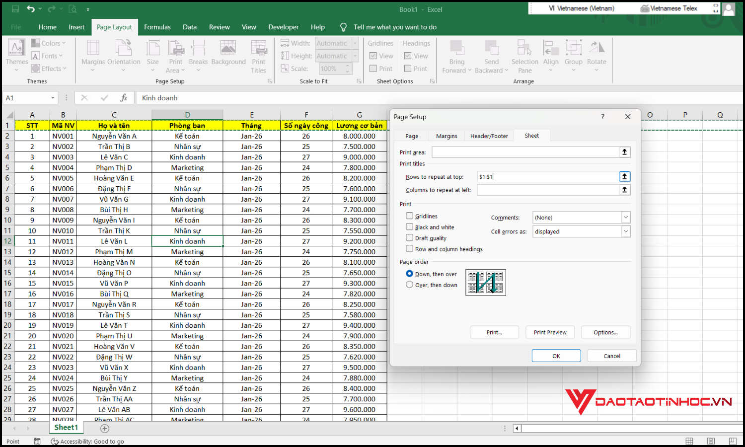 In lặp lại tiêu đề trong Excel bước 2