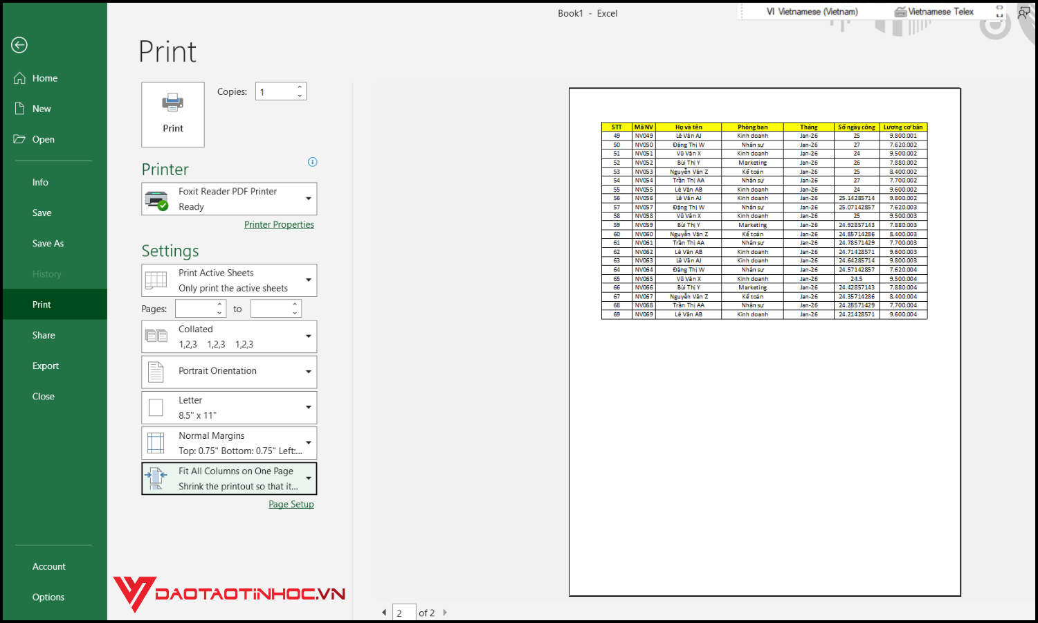 In lặp lại tiêu đề trong Excel bước 3