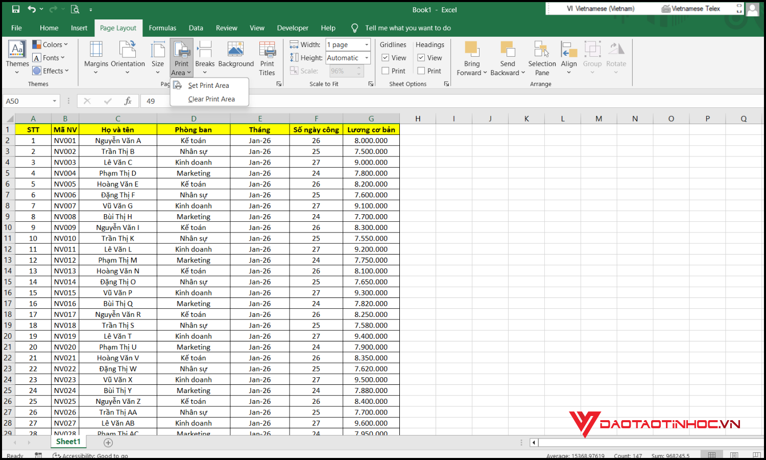 In lặp lại tiêu đề trong Excel bước 4