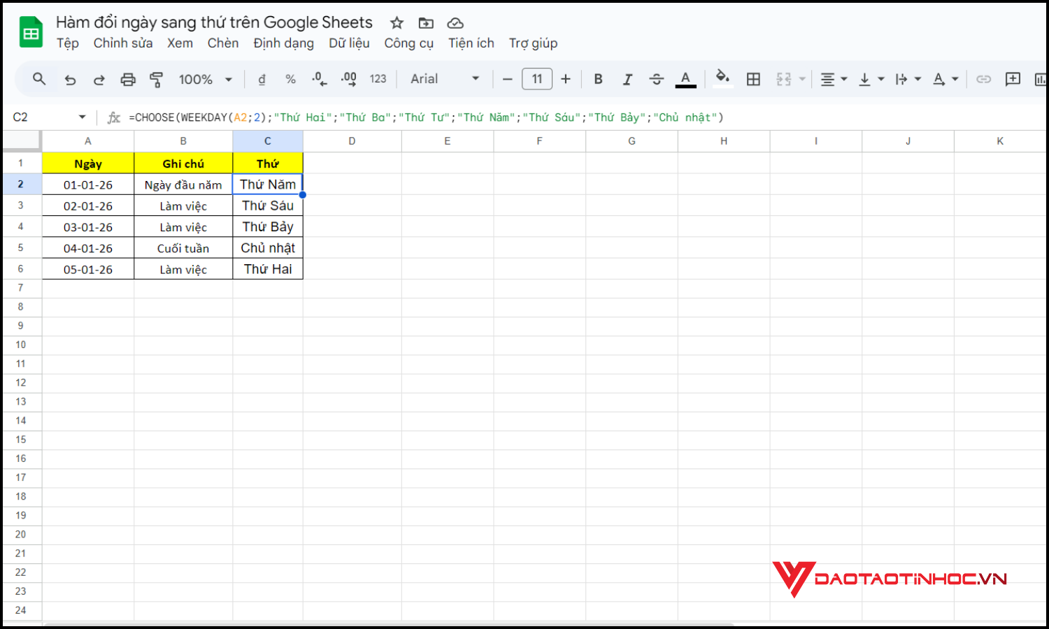 Kết hợp hàm CHOOSE đổi ngày sang thứ trên Google Sheets