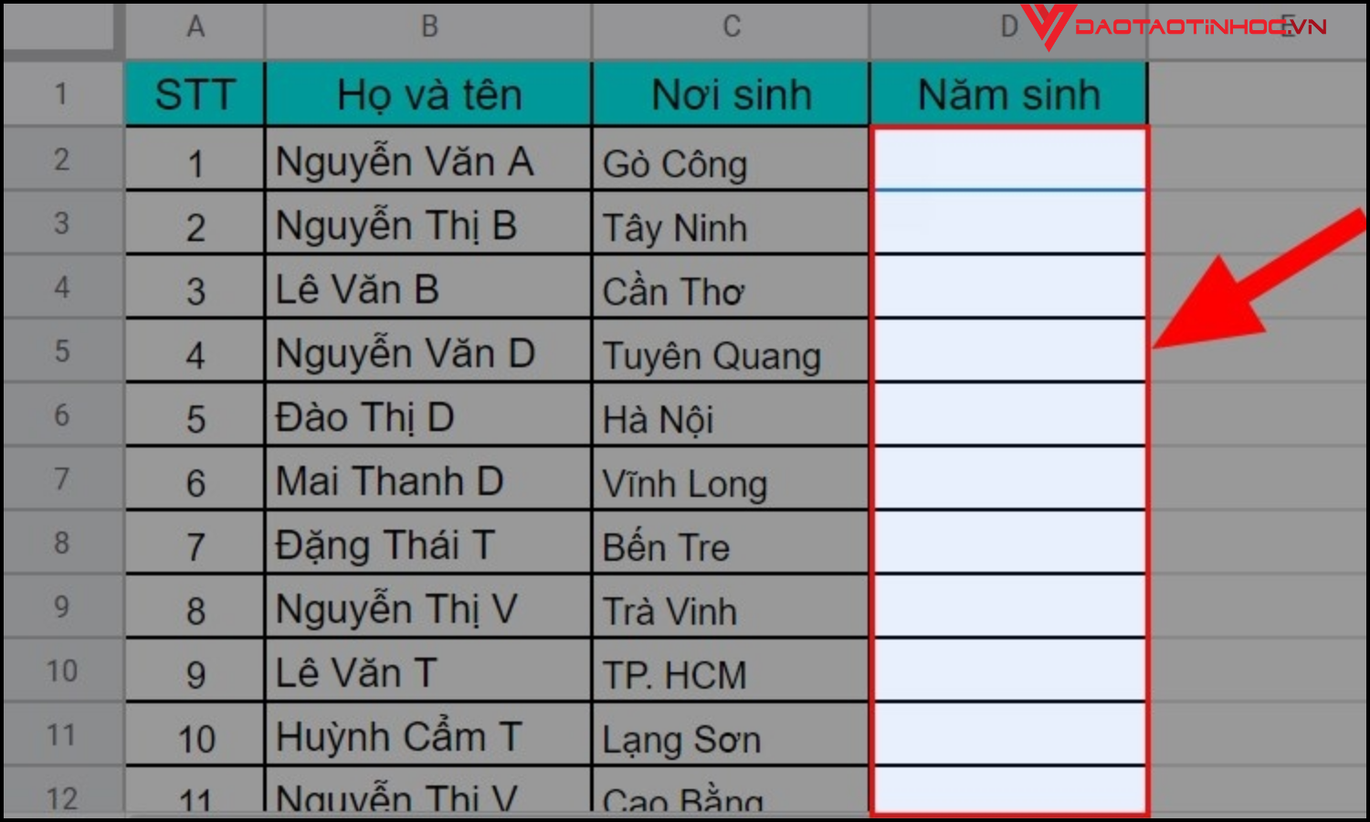 Tạo Data Validation trong Google Sheet bước 1