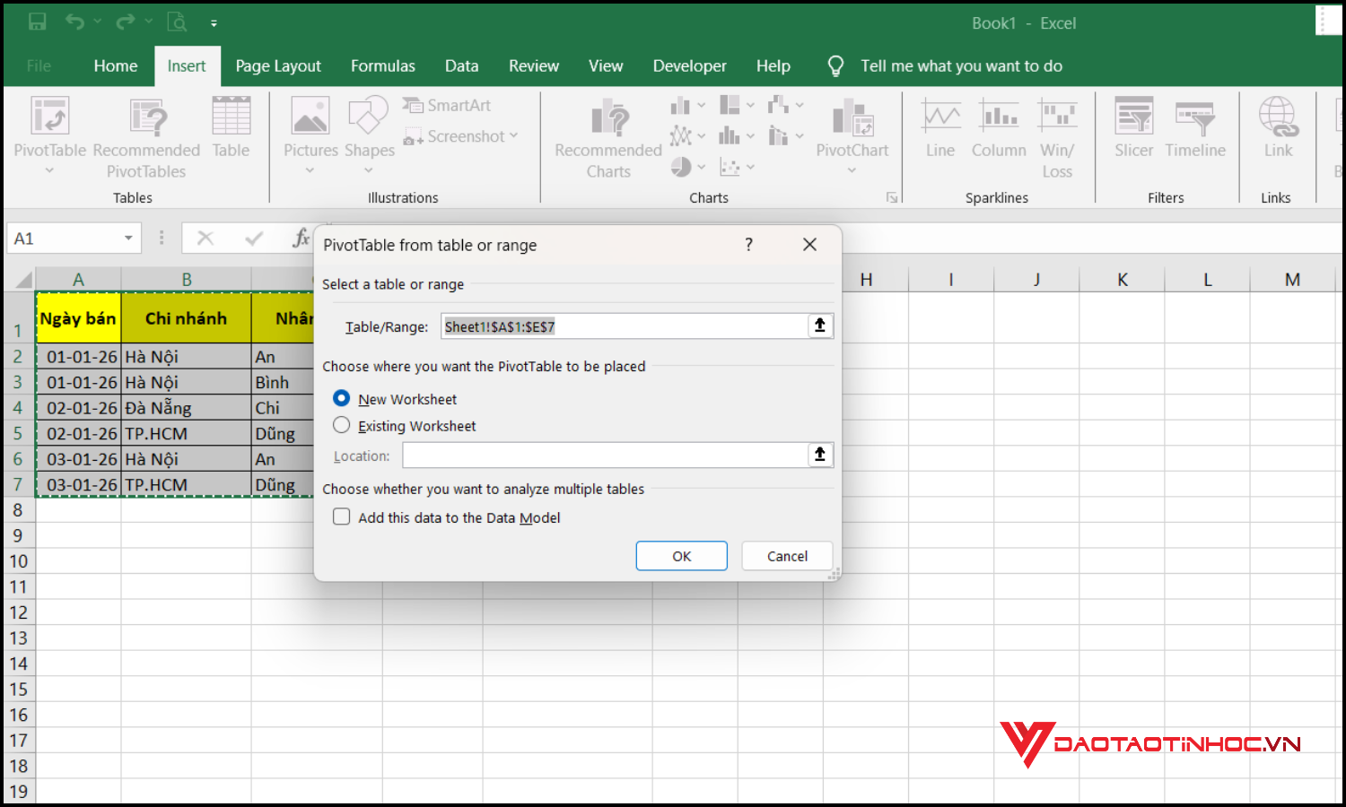 tách bảng thống kê Pivot Table ra từng Sheets tự động bước 1