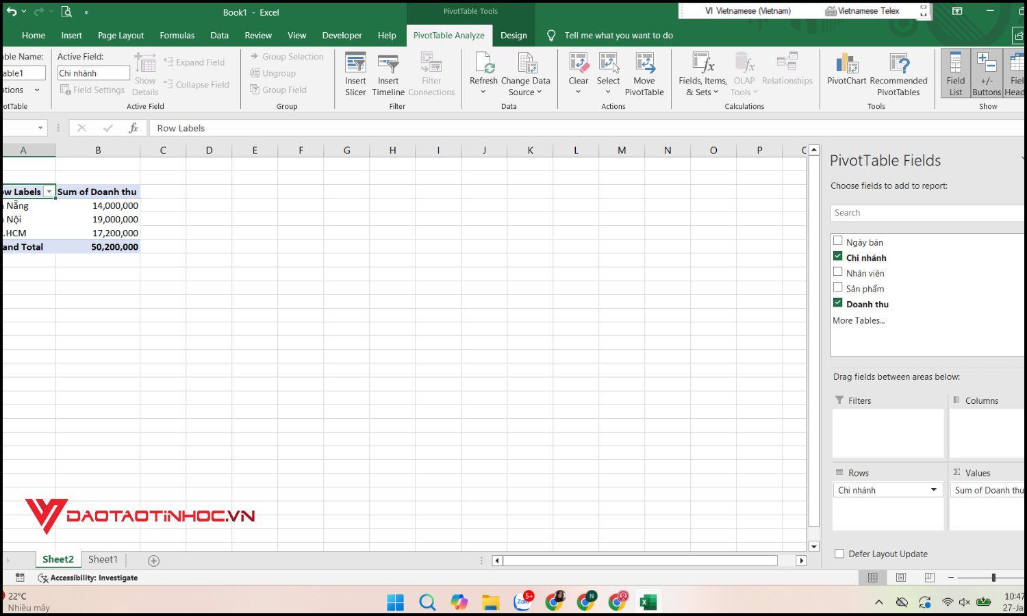tách bảng thống kê Pivot Table ra từng Sheets tự động bước 2