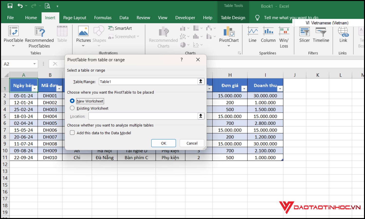 Group ngày tháng trong Pivot Table bước 2