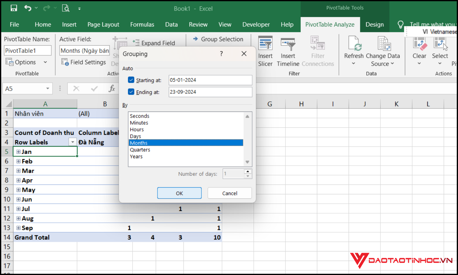 Group ngày tháng trong Pivot Table bước 4