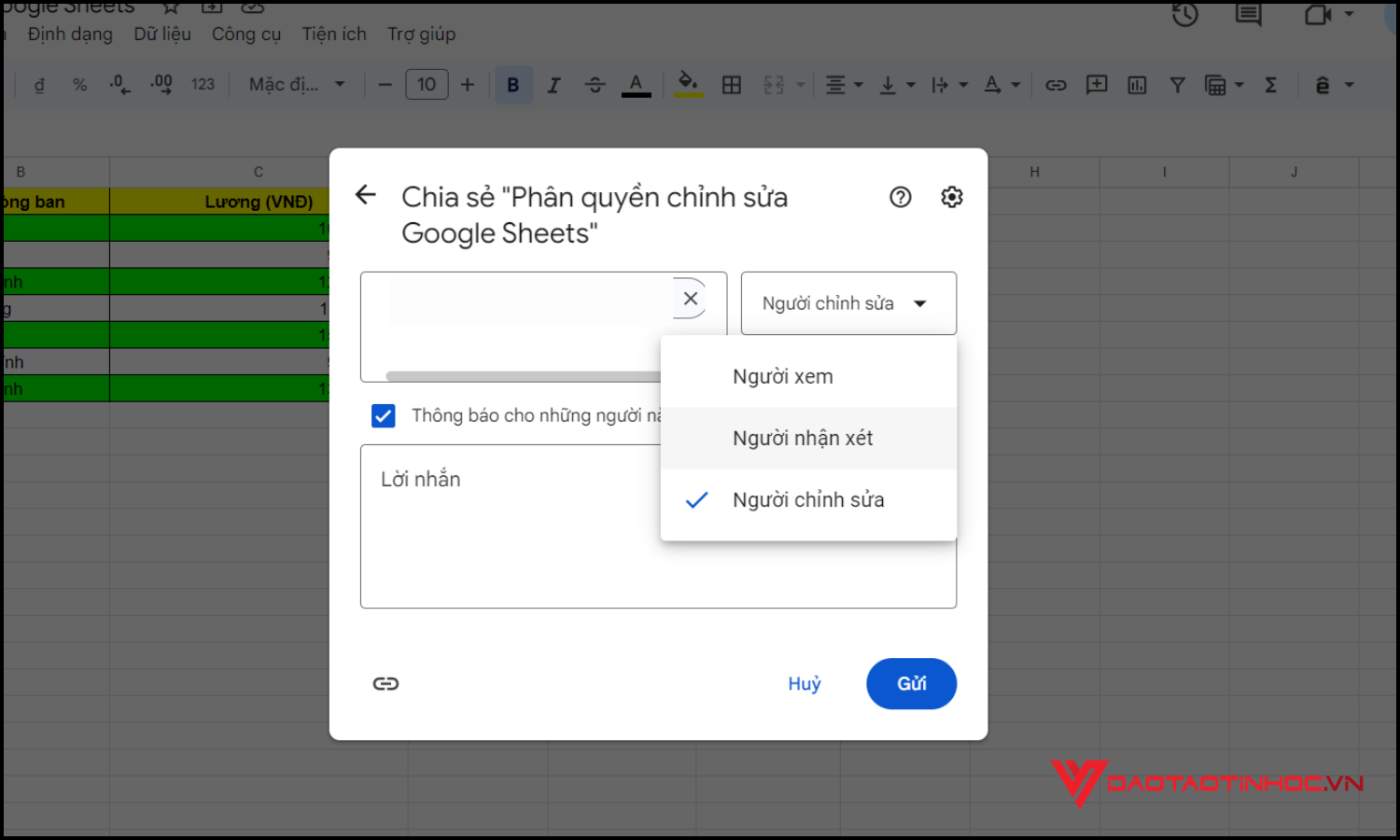 Phân quyền chỉnh sửa Google Sheets bước 2