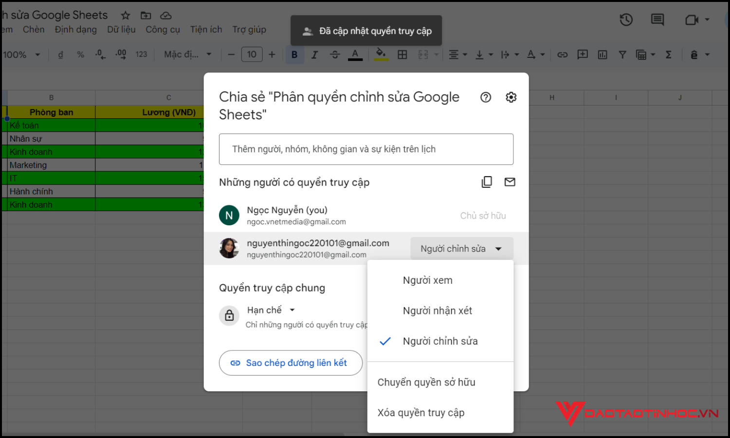 Phân quyền chỉnh sửa Google Sheets bước 3