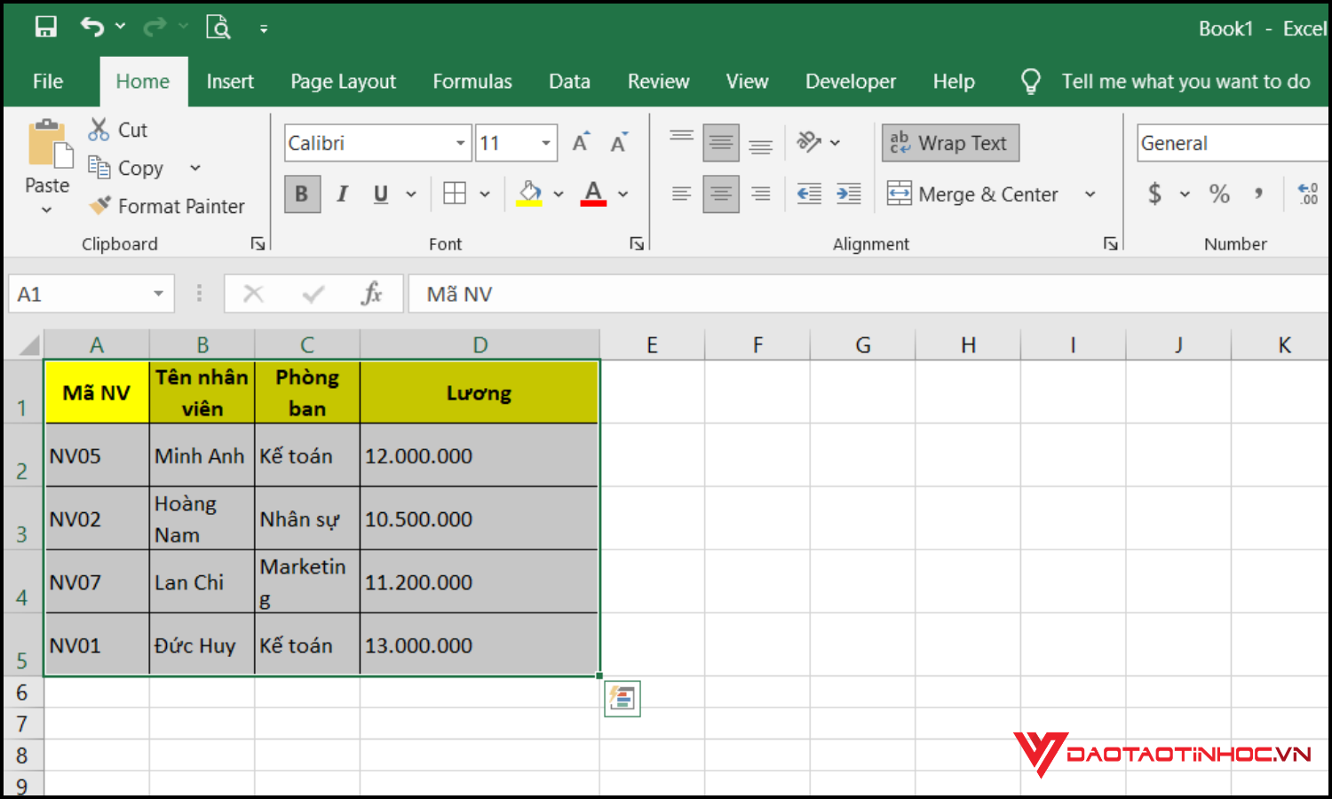 Sắp xếp dữ liệu trong Excel bước 1