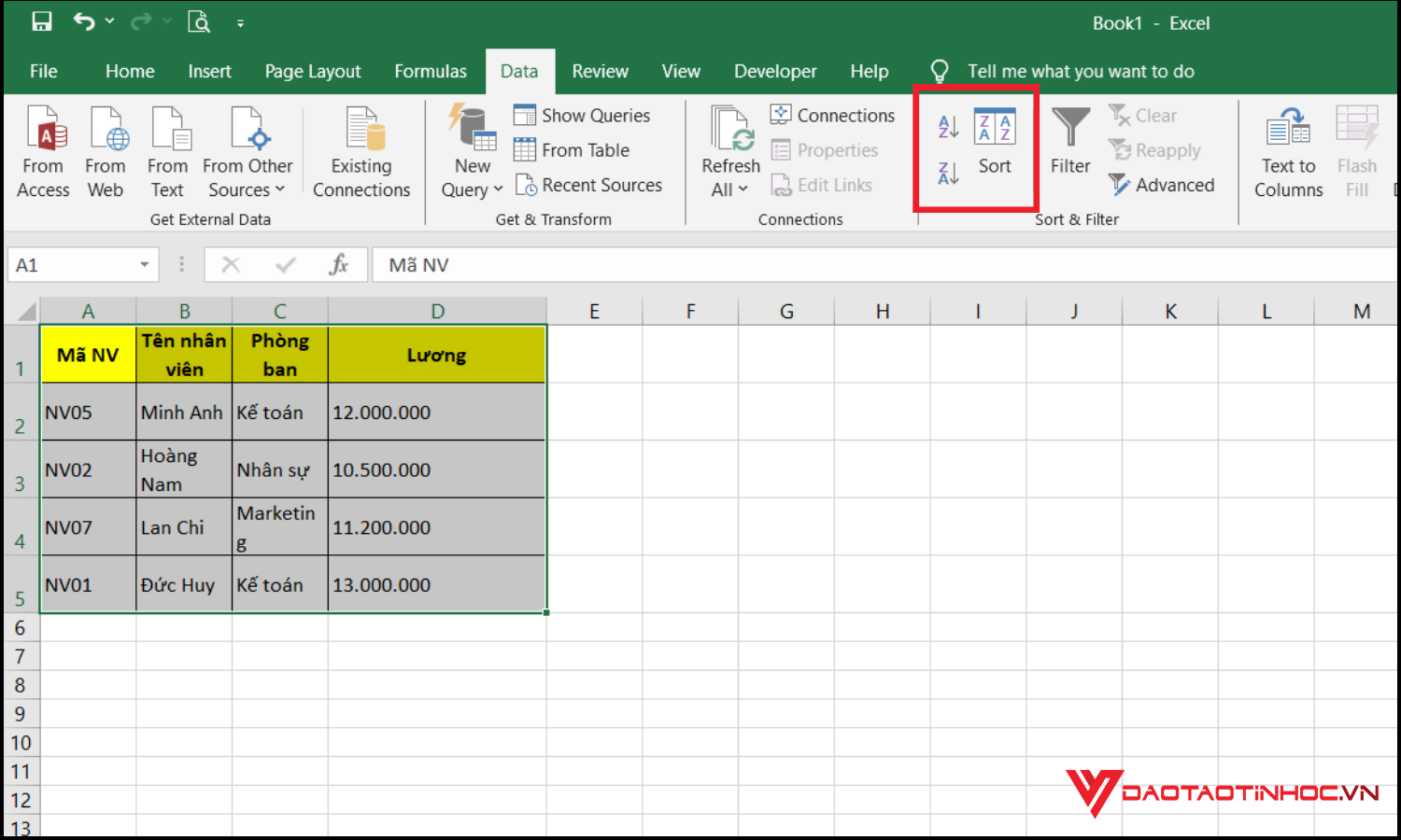 Sắp xếp dữ liệu trong Excel bước 2