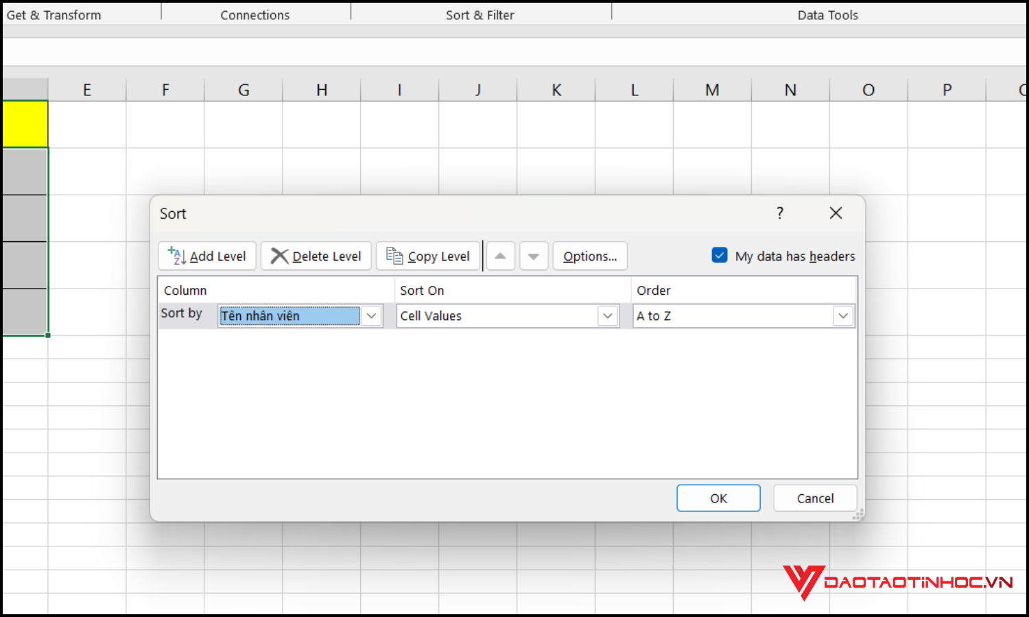 Sắp xếp dữ liệu trong Excel bước 3