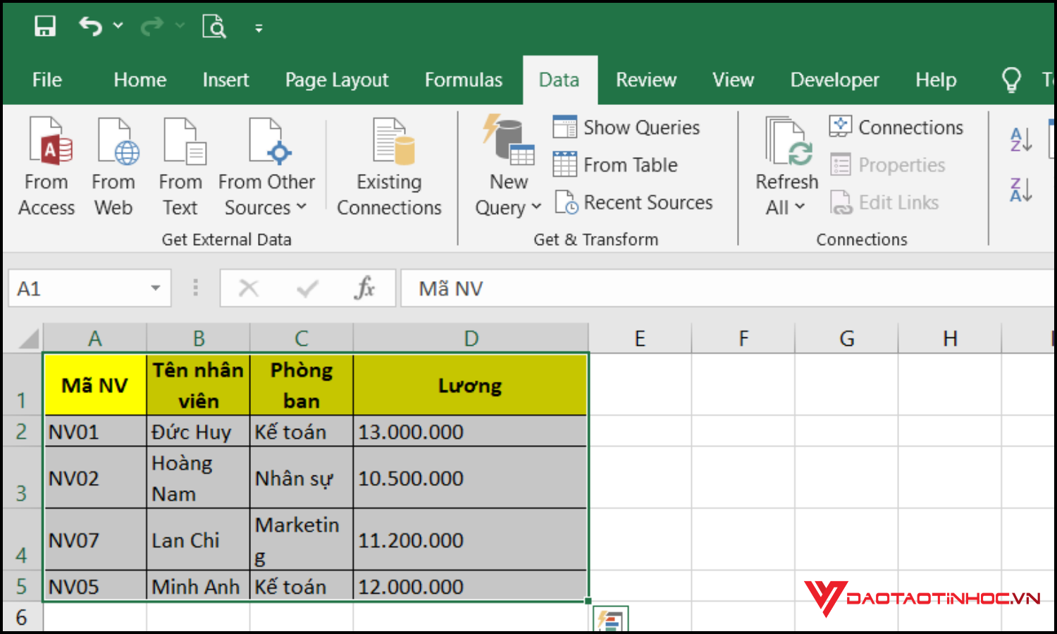Sắp xếp dữ liệu trong Excel bước 4