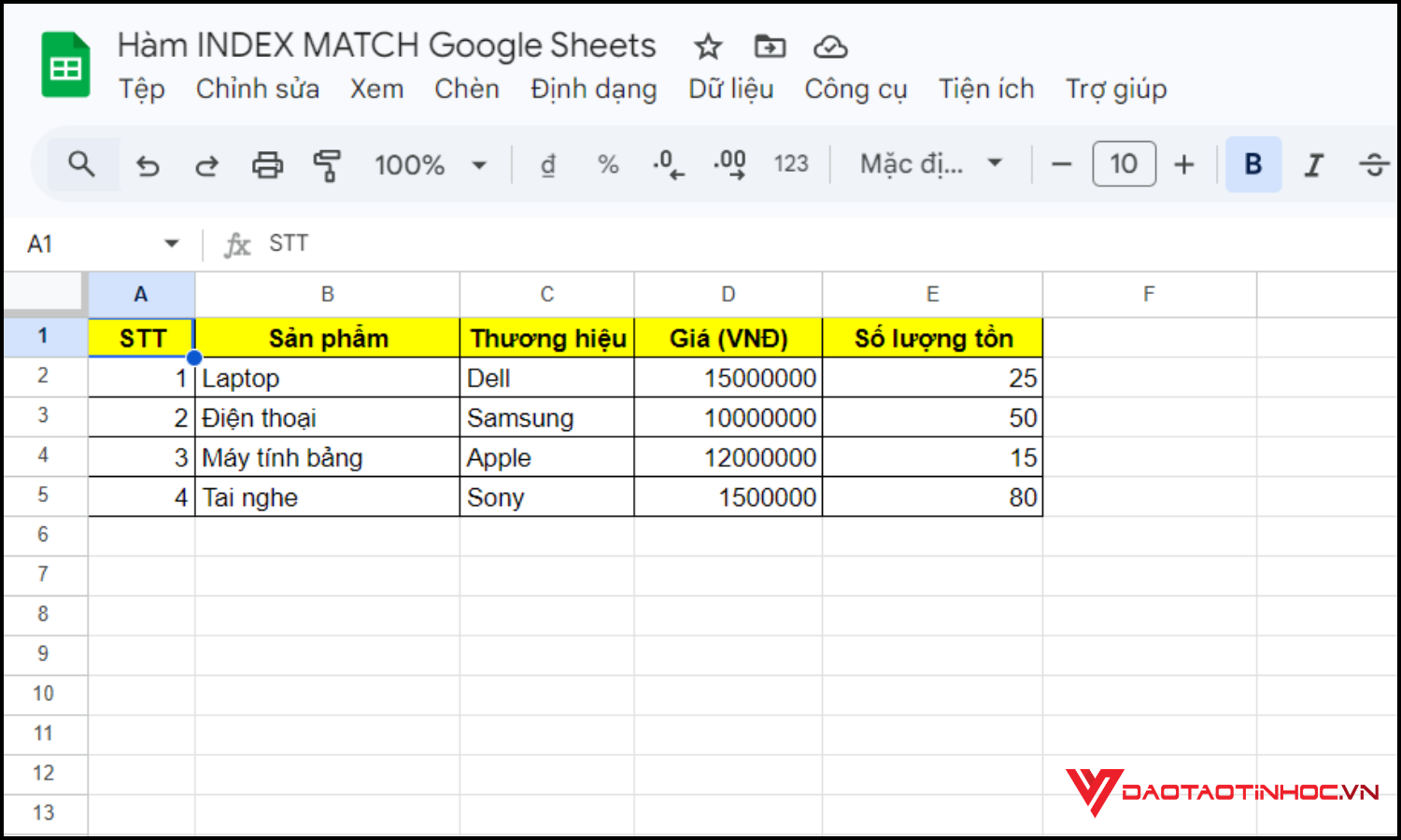 Sử dụng hàm INDEX MATCH Google Sheets bước 1