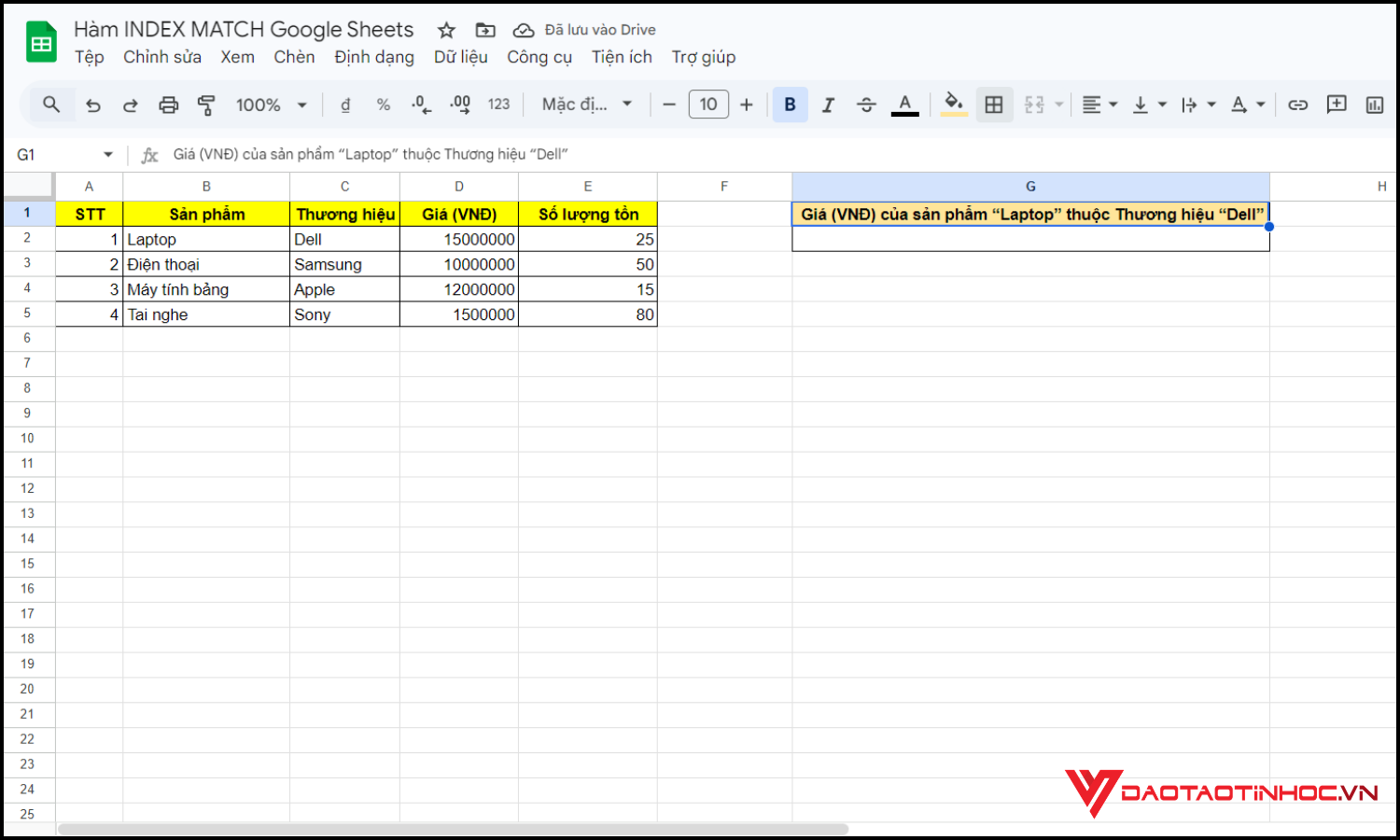 Sử dụng hàm INDEX MATCH Google Sheets bước 2