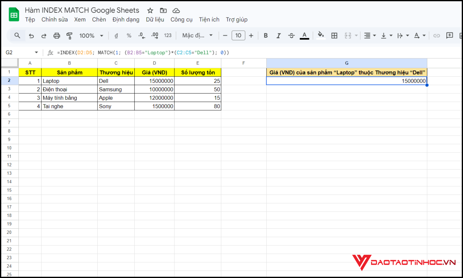 Sử dụng hàm INDEX MATCH Google Sheets bước 3