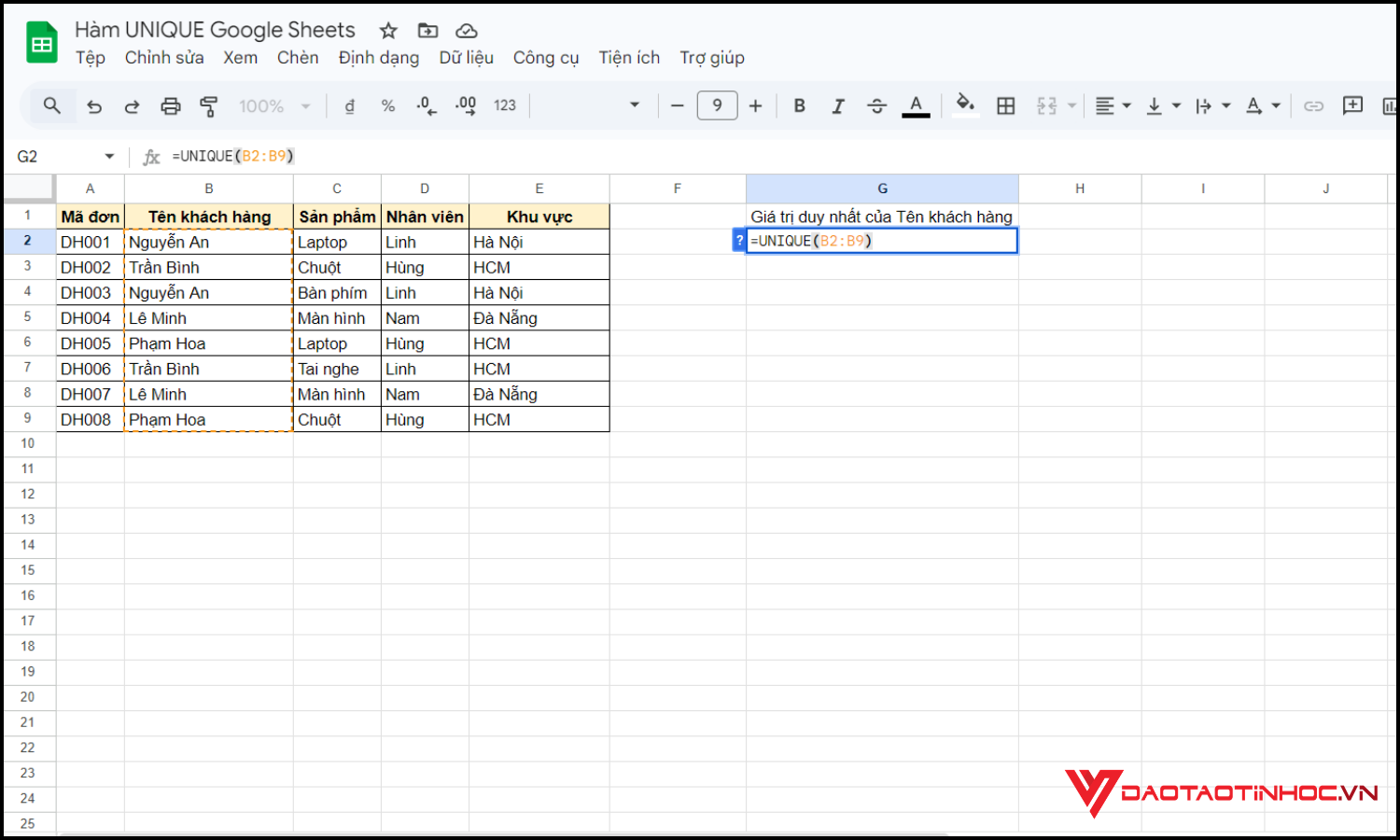 Sử dụng hàm unique Google Sheets bước 1
