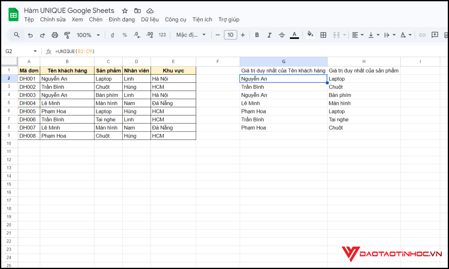 Sử dụng hàm unique Google Sheets bước 3