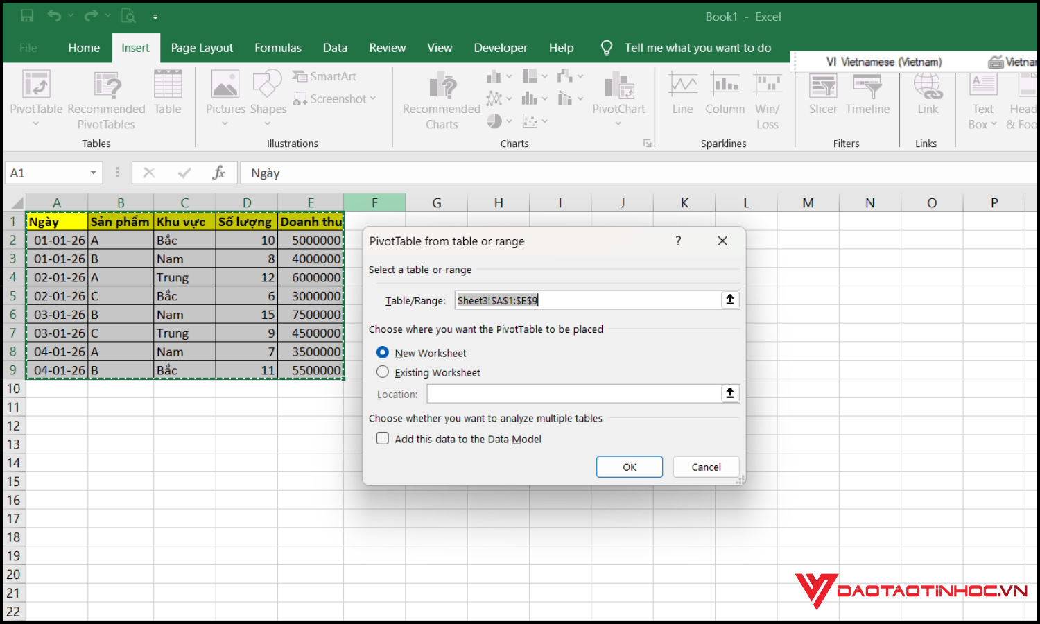 Tạo biểu đồ Pivot Table bằng Pivot Chart bước 1