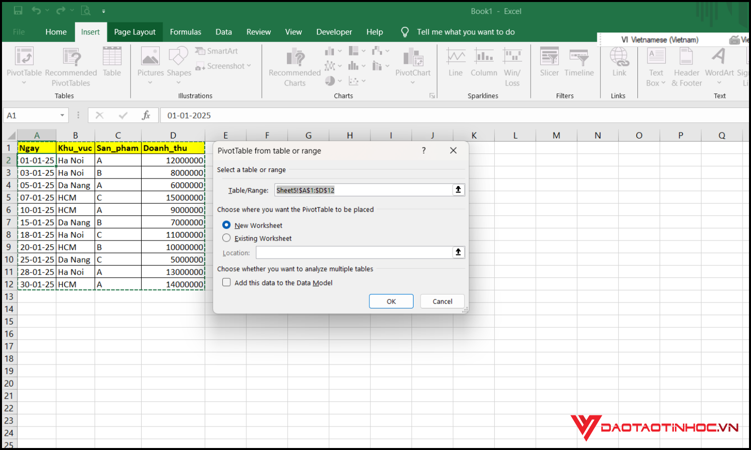 Tạo pivot chart từ pivot table bước 2