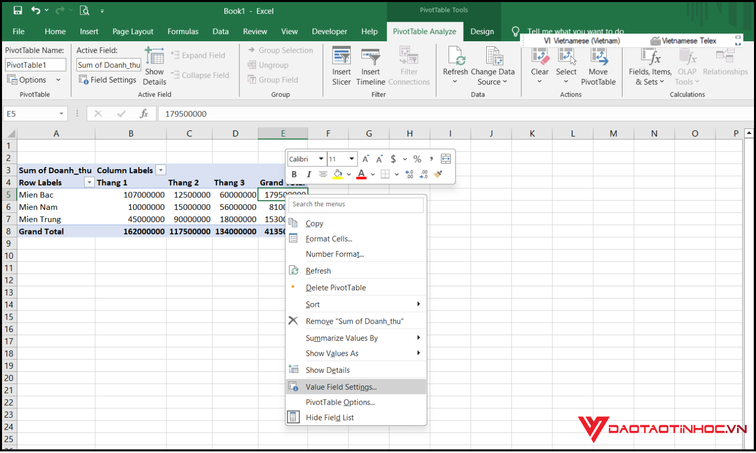 Tính phần trăm trong Pivot Table bước 3