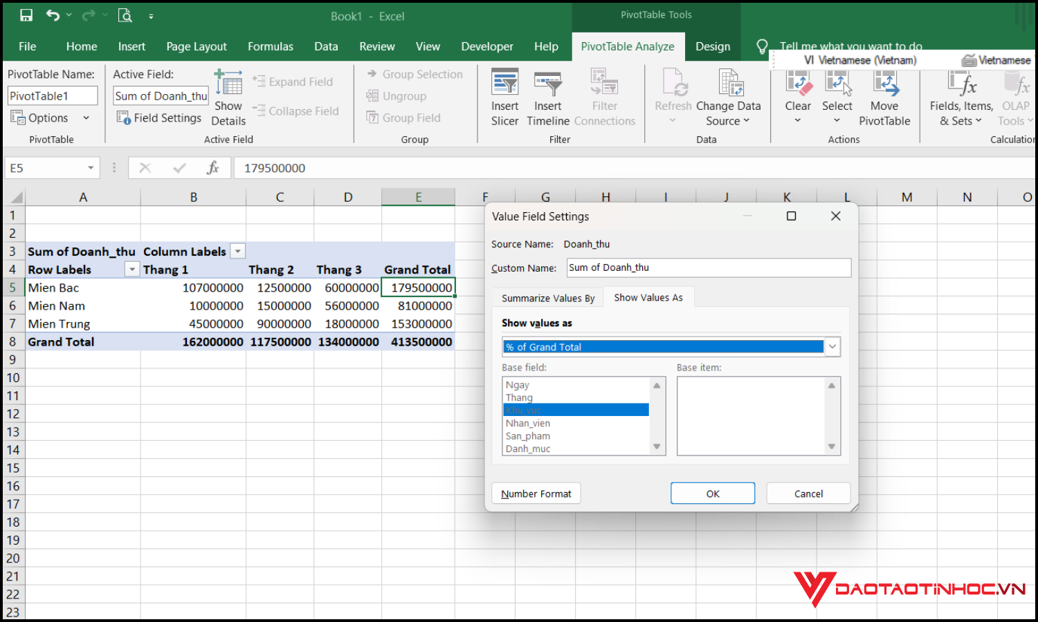 Tính phần trăm trong Pivot Table bước 4