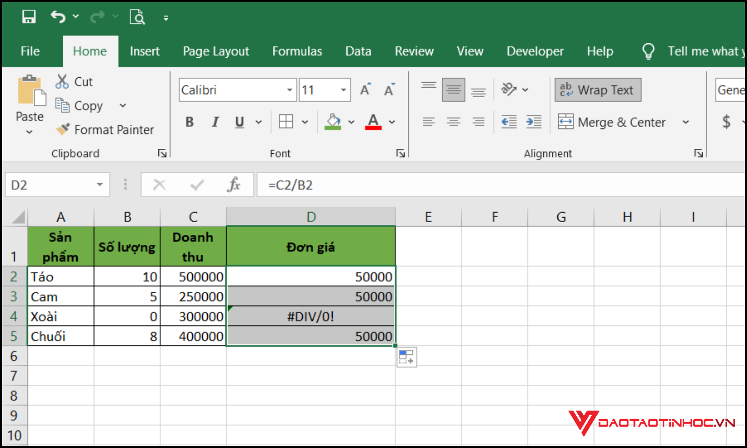 Ví dụ về hàm iferror trong excel bước 2