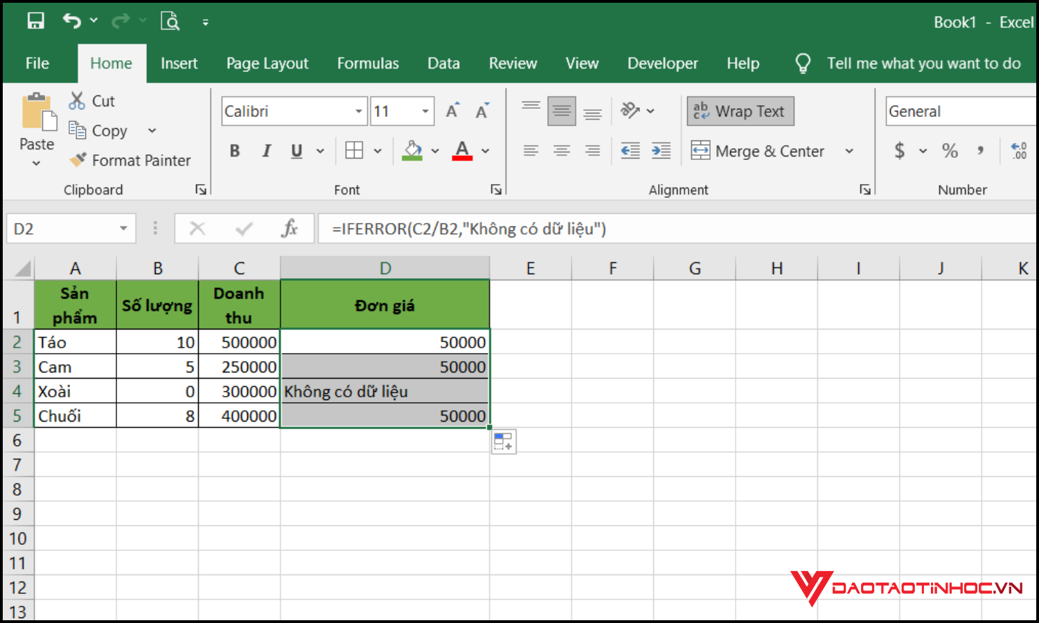 Ví dụ về hàm iferror trong excel bước 3