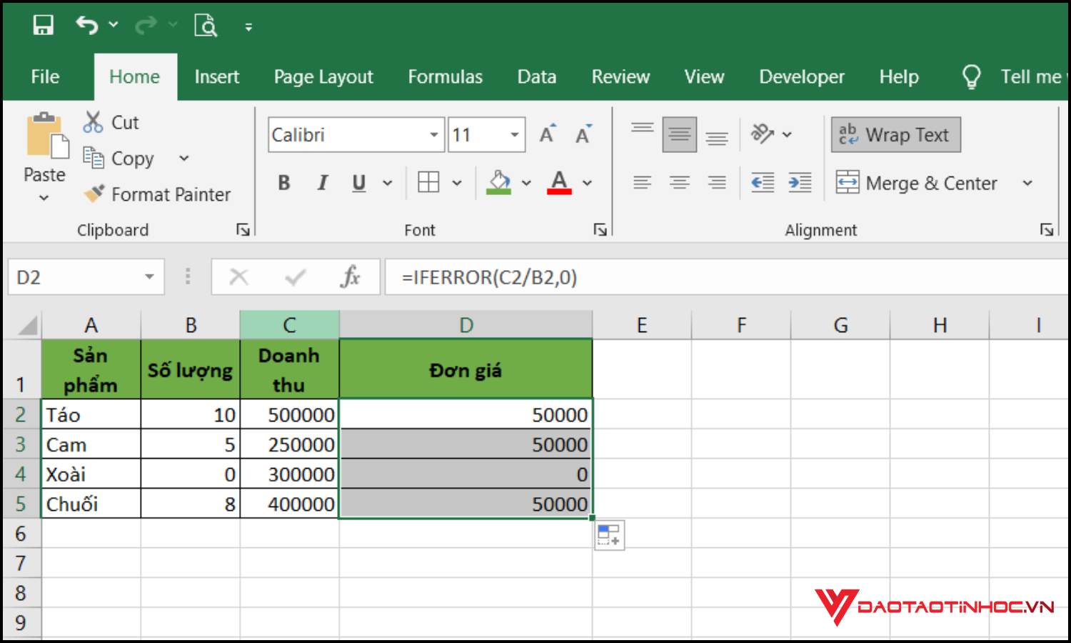 Ví dụ về hàm iferror trong excel bước 4