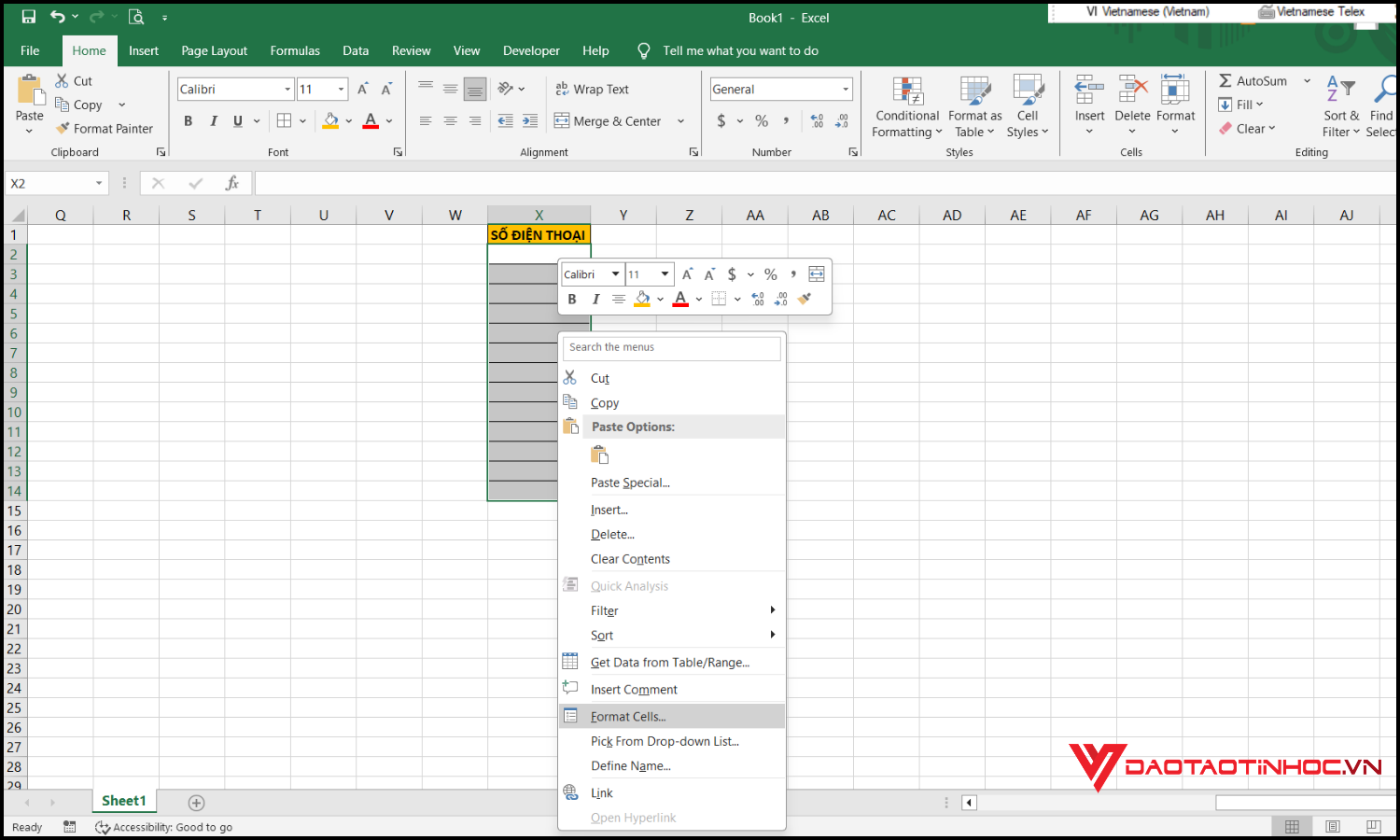 Định dạng ô thành Text trước khi nhập dữ liệu bước 2