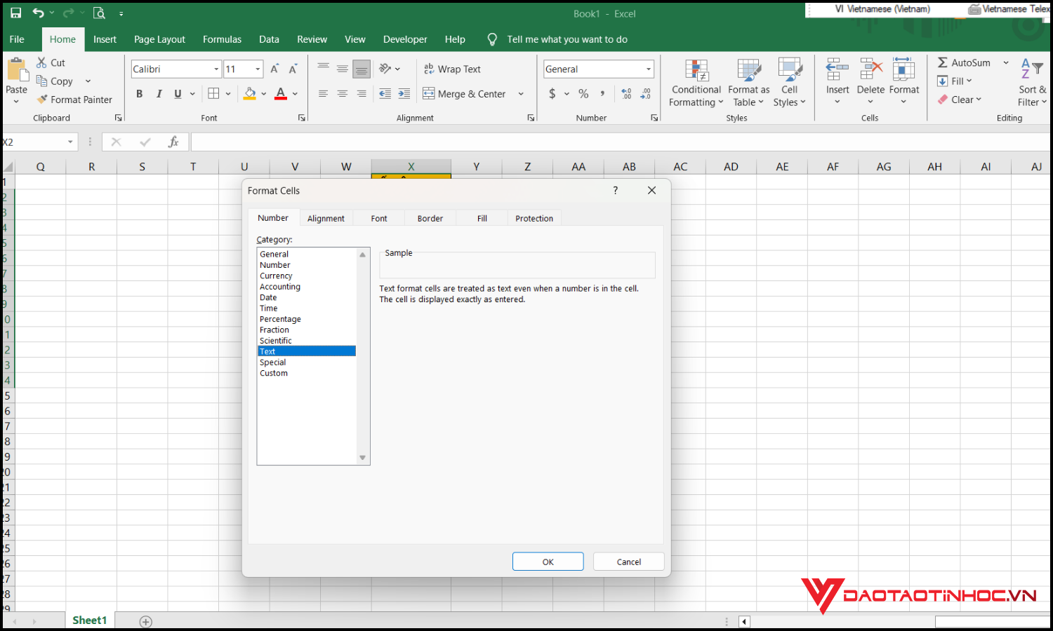 Định dạng ô thành Text trước khi nhập dữ liệu bước 3