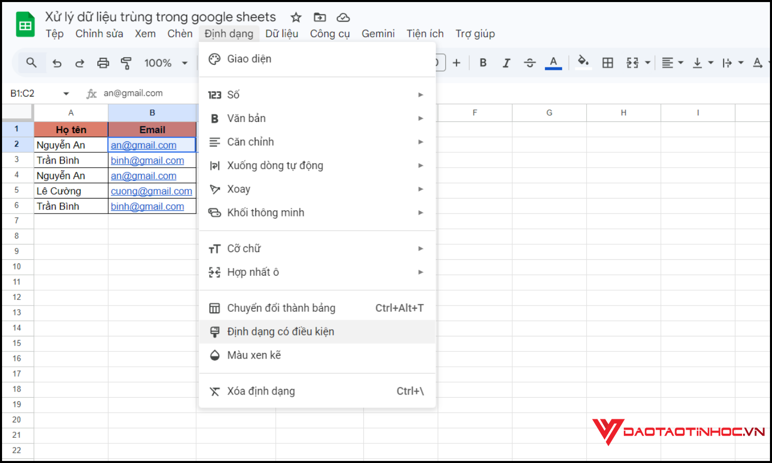 Dùng Conditional Formatting để đánh dấu dữ liệu trùng bước 2