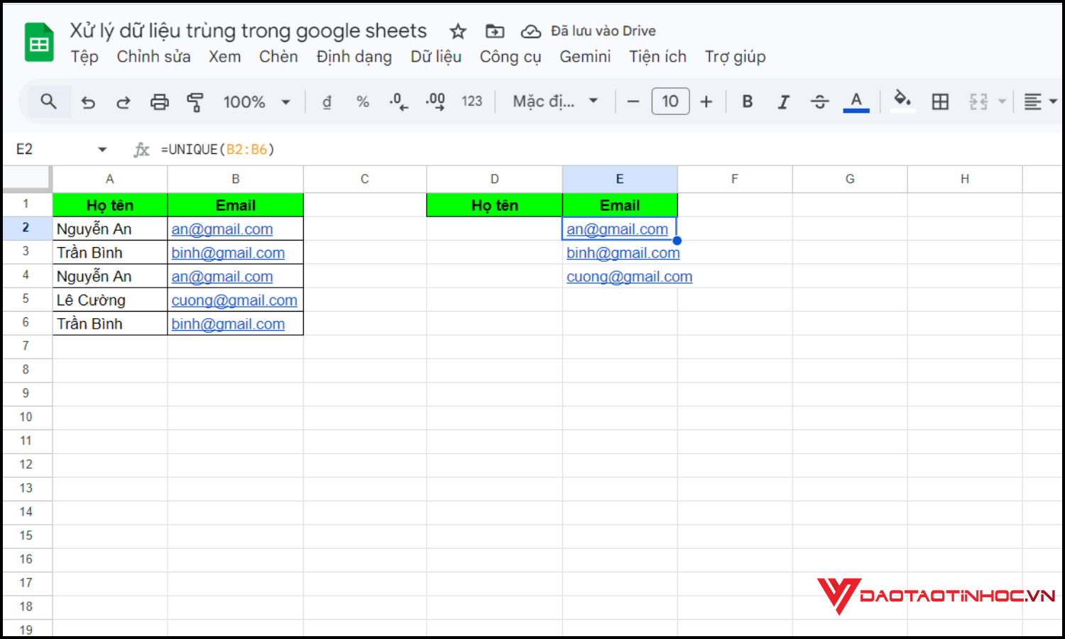 Dùng hàm UNIQUE để lọc dữ liệu trùng bước 2