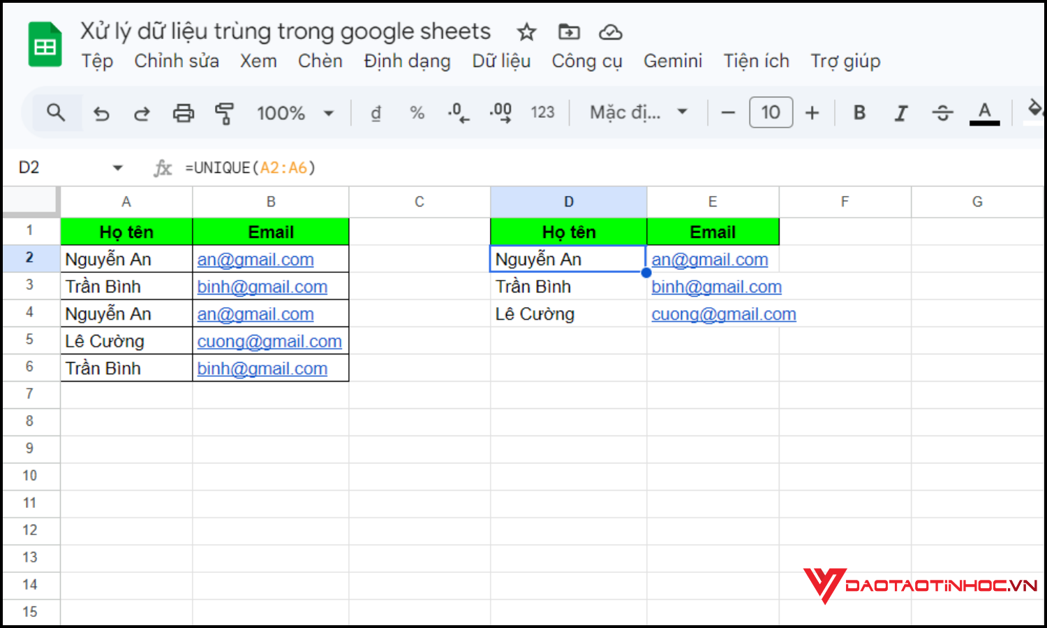 Dùng hàm UNIQUE để lọc dữ liệu trùng bước 3