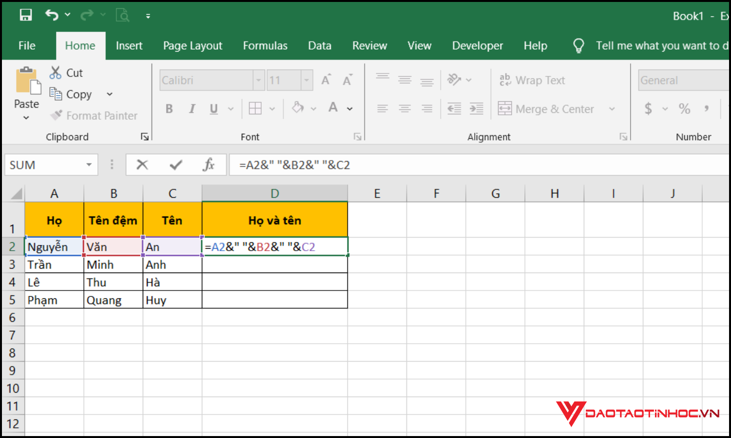 Gộp dữ liệu nhiều cột thành một bằng dấu "&" bước 1