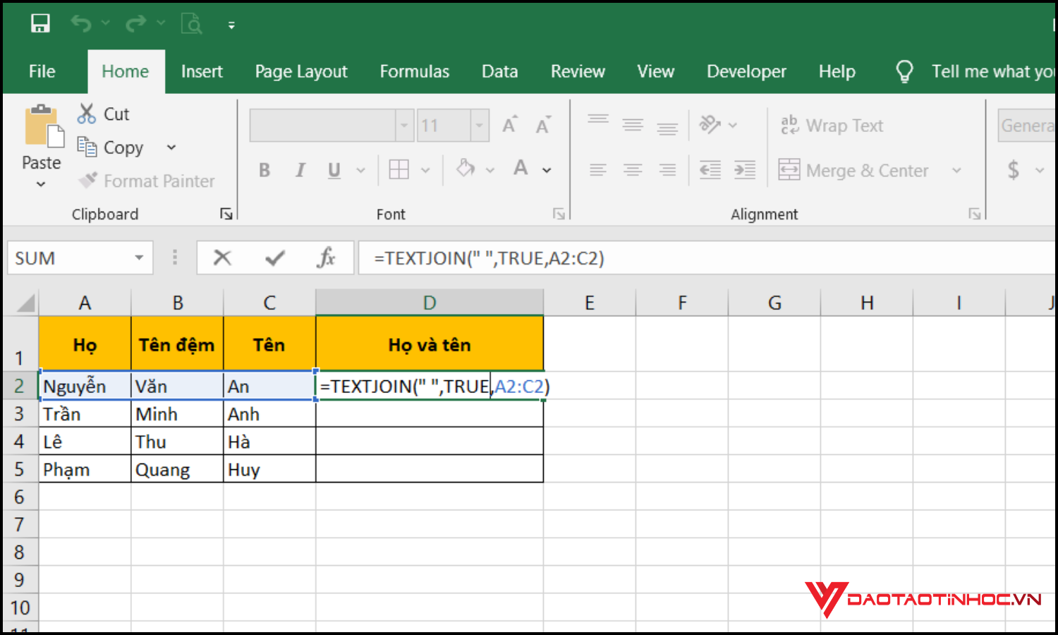 Gộp dữ liệu nhiều cột thành một bằng hàm TEXTJOIN bước 1
