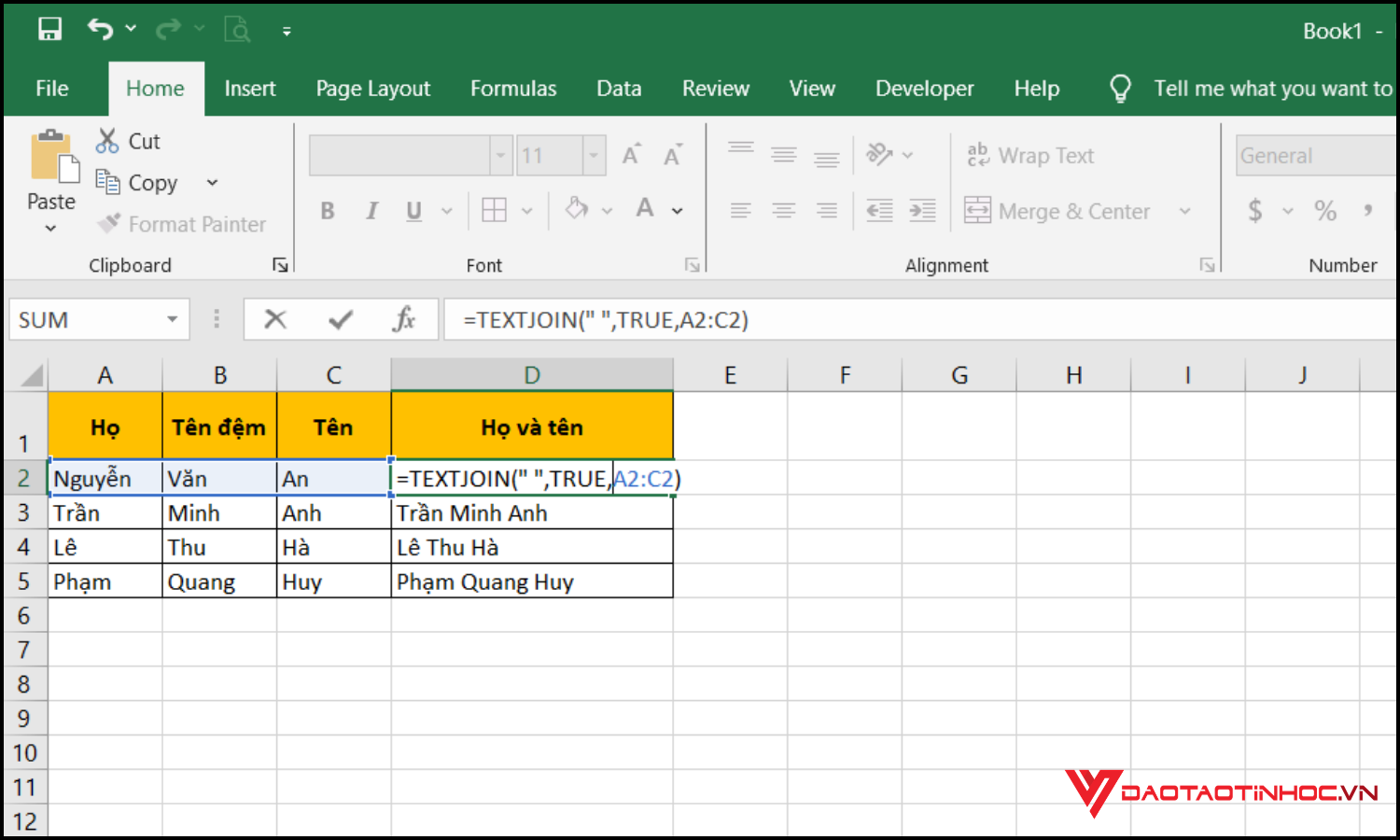 Gộp dữ liệu nhiều cột thành một bằng hàm TEXTJOIN bước 2