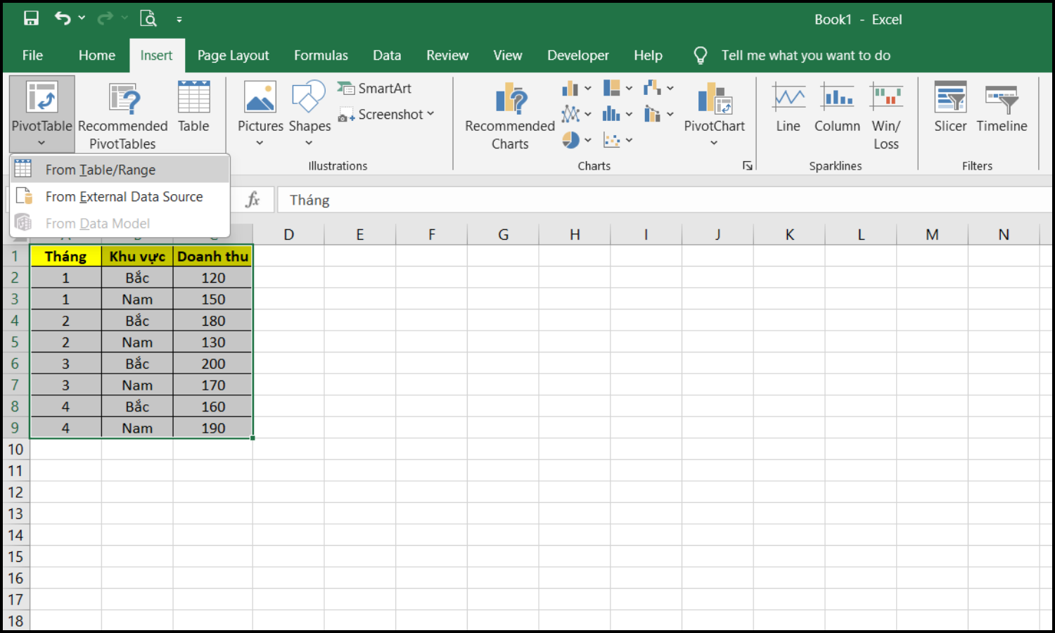 Hướng dẫn kết hợp Pivot Table và biểu đồ động bước 1