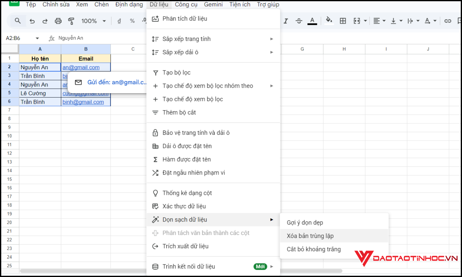 Xóa dữ liệu trùng bằng Remove duplicates bước 2