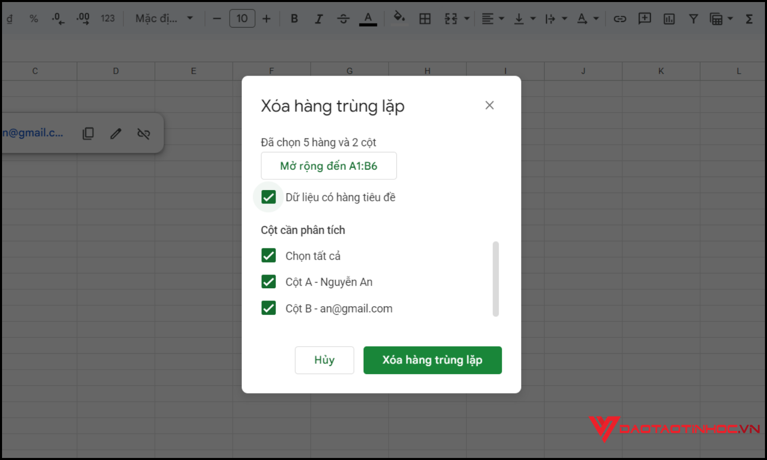 Xóa dữ liệu trùng bằng Remove duplicates bước 3