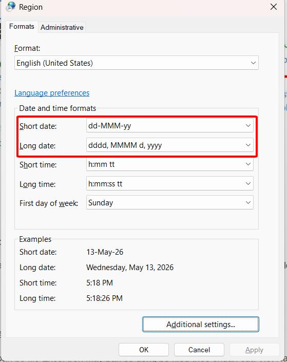 Chọn format ngày tháng năm dd-MMm-yy để cấu hình đúng định dạng