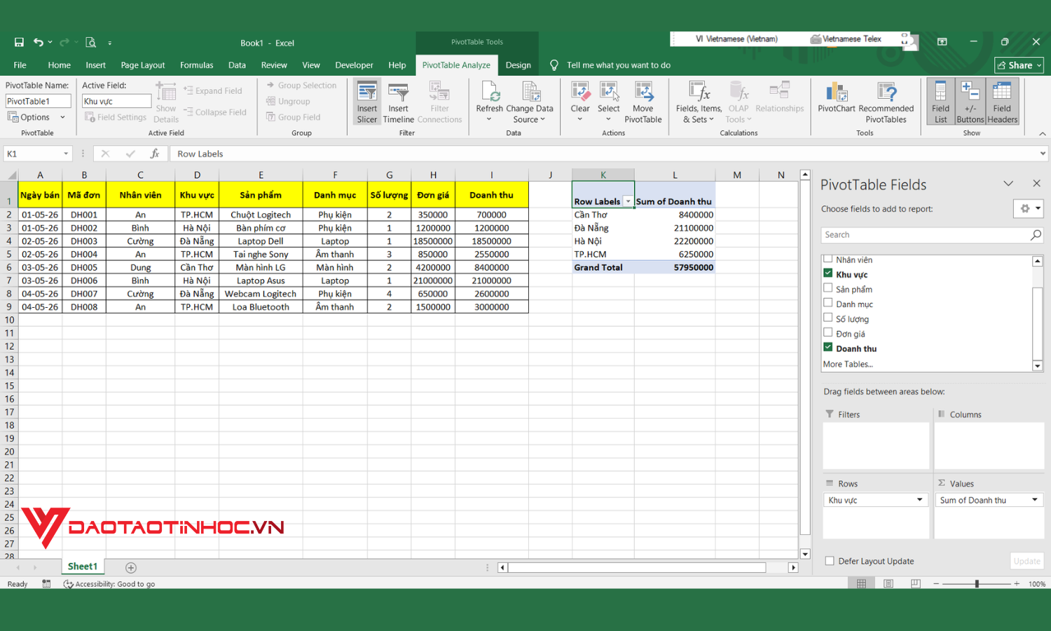 Cách cập nhật PivotTable tự động bước 1