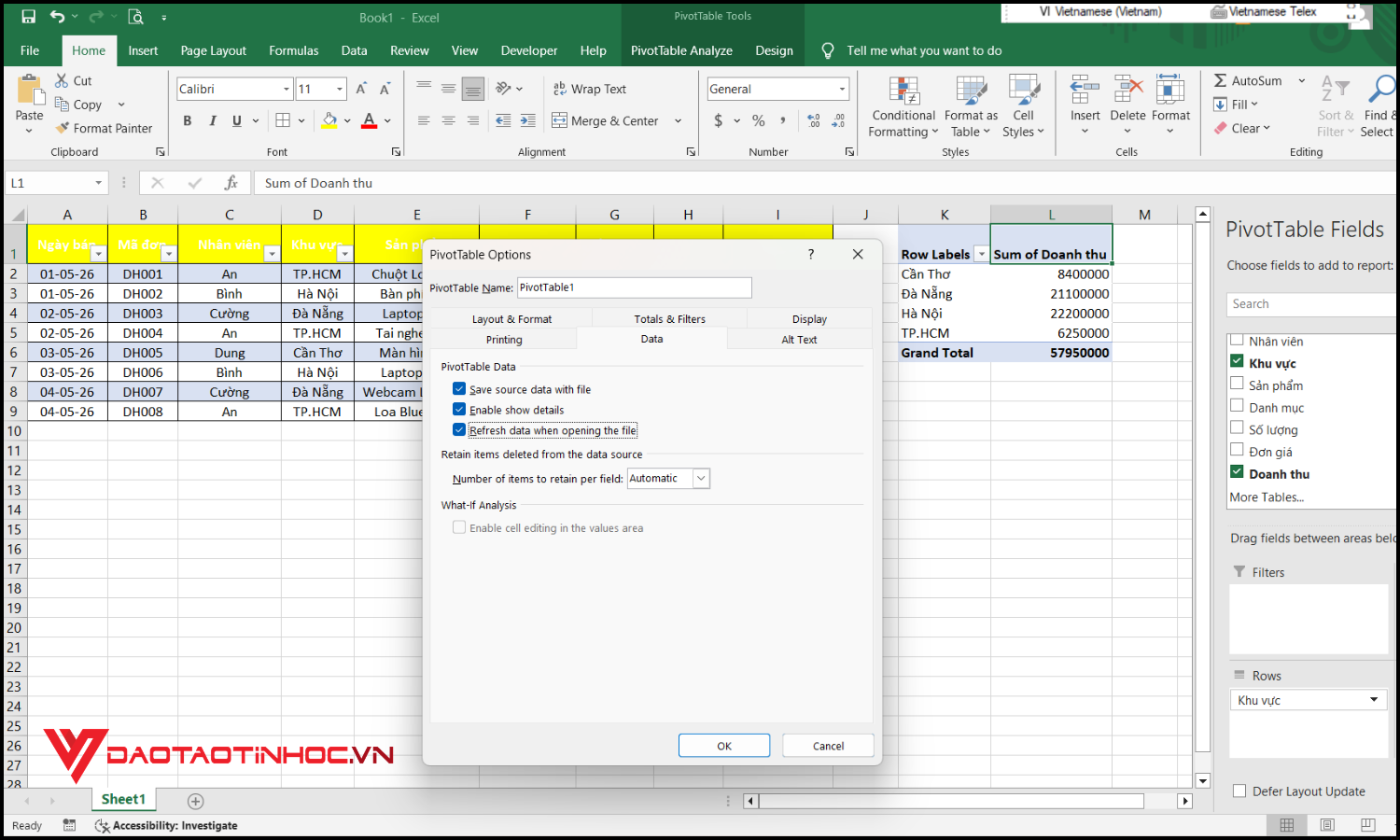 Cách cập nhật PivotTable tự động bước 3