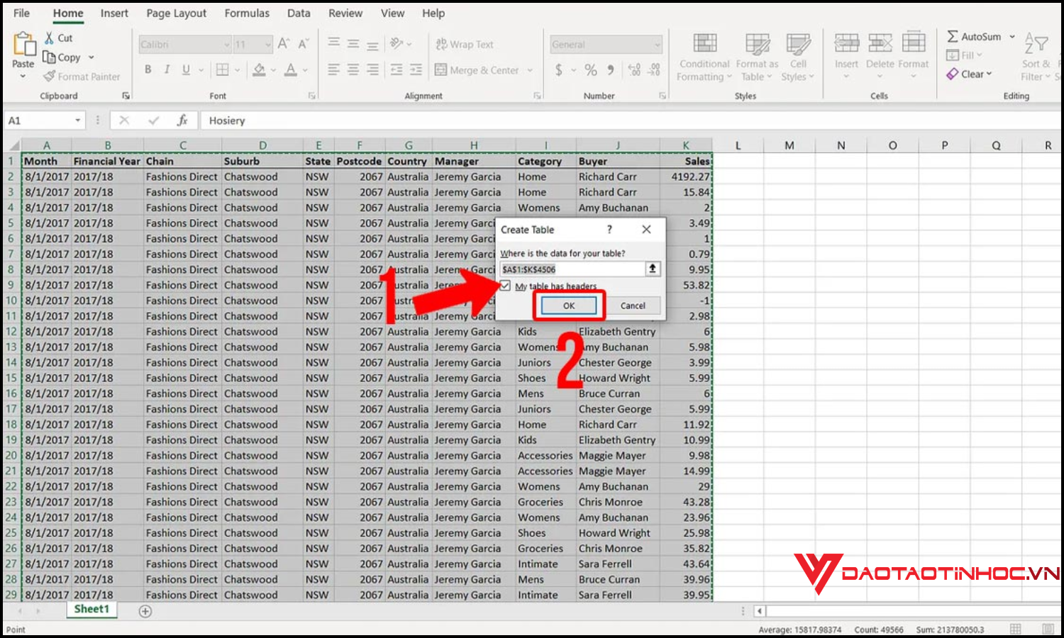 Tạo dashboard bằng PivotTable bước 1