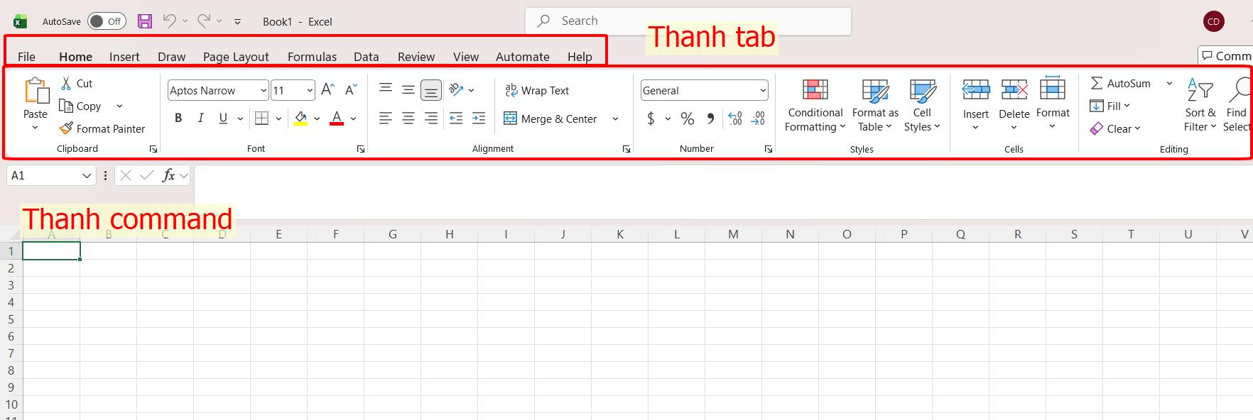 Các thanh công cụ trong excel