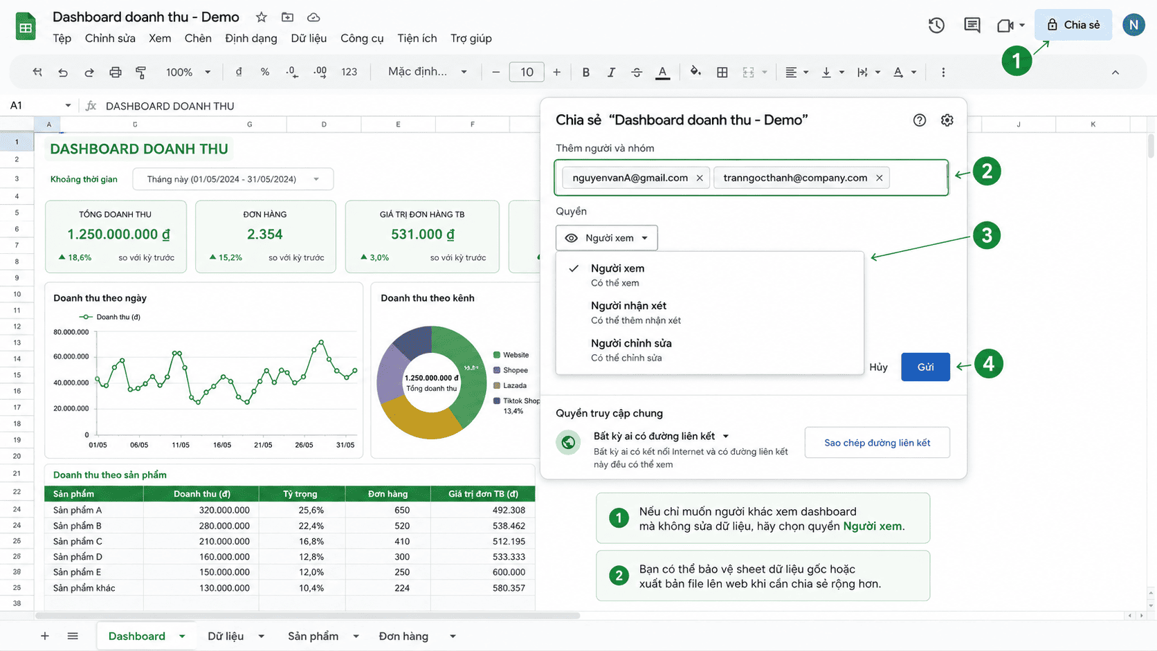 Cách chia sẻ dashboard trong google sheets
