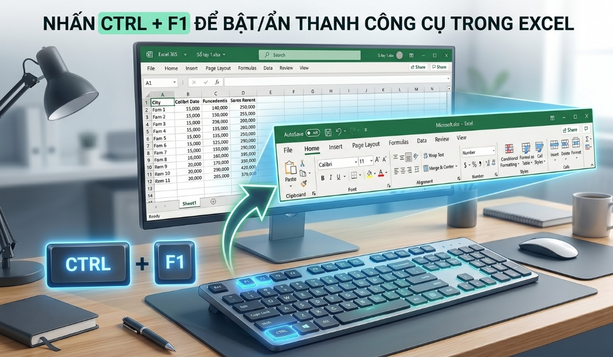 Dùng phím tắt Ctr + F1 để hiển thị thanh công cụ