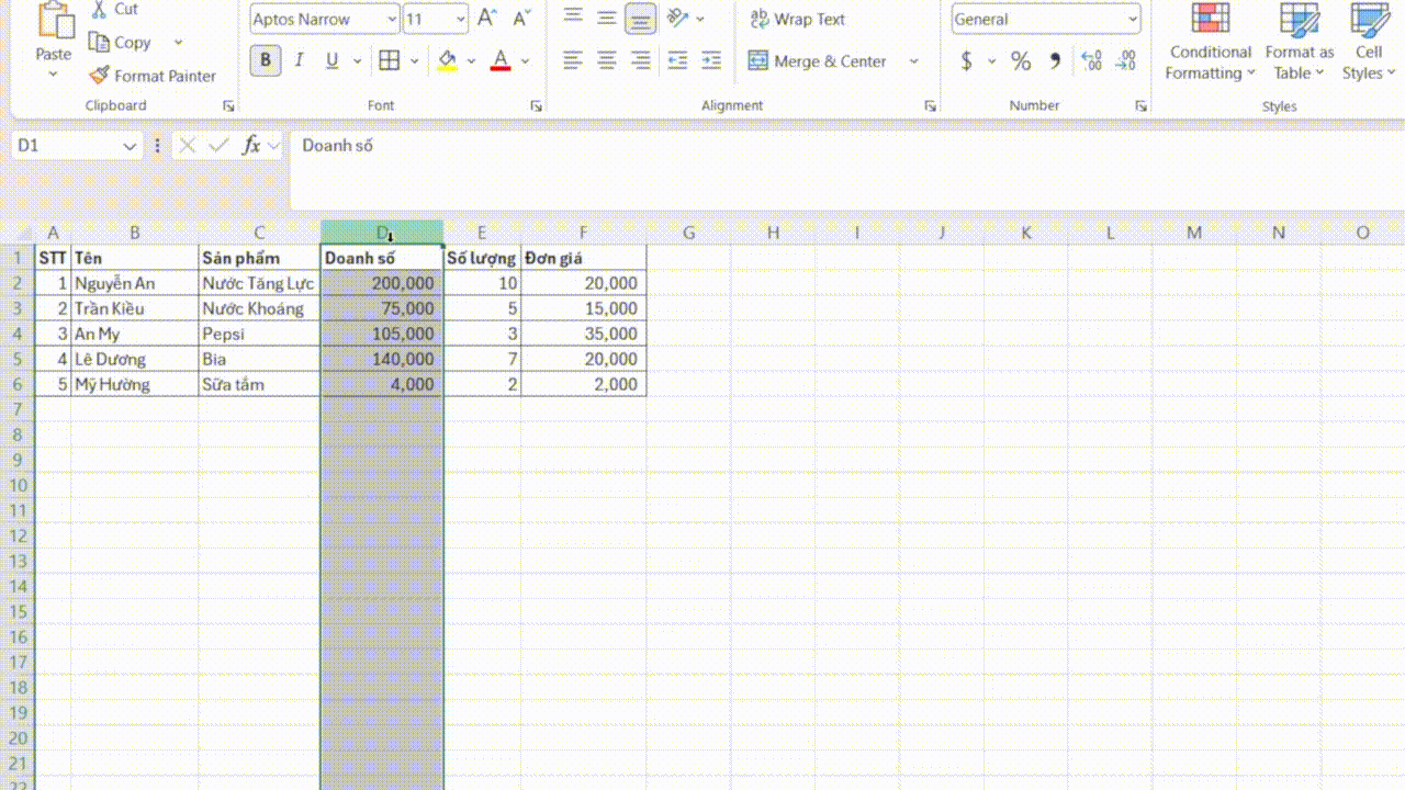 Hướng dẫn di chuyển cột trong excel bằng Shift
