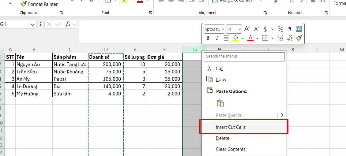 Insert cut cell để di chuyển cột và chèn vào vị trí